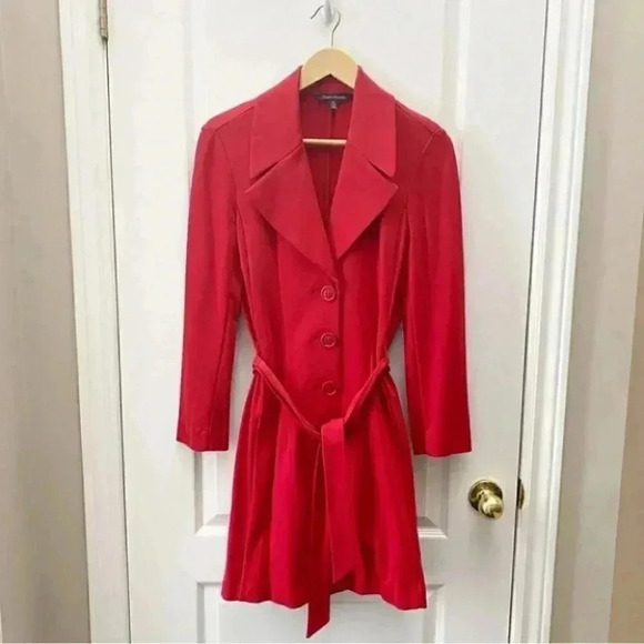 Vintage Le Chateau Trench Coat Red Ponte Knit Duster Blazer Belted Y2K Small - Picture 4 of 16